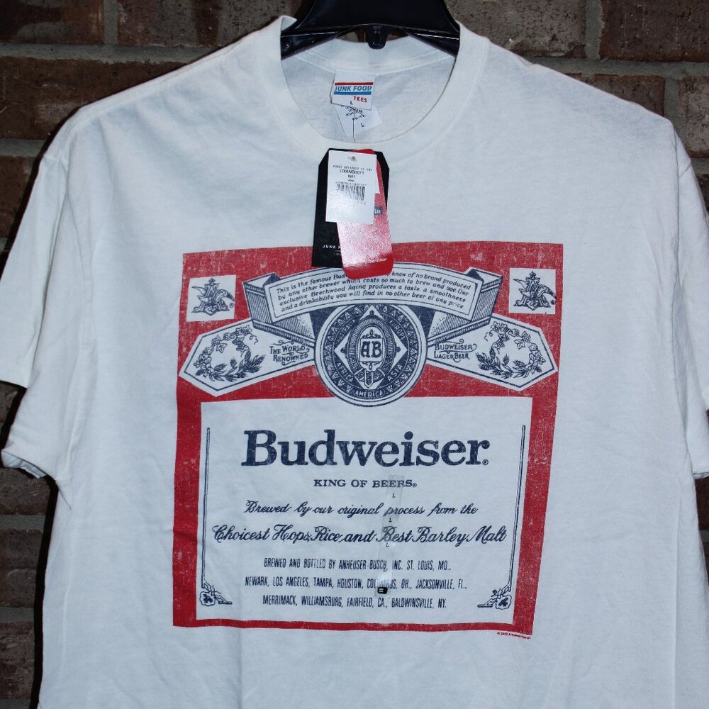 Budweiser Junk Food T-Shirt Size L Large White Tees Distressed Retro Logo NWT